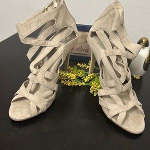 Biege ALDO faux suede cutout/strappy heels.
